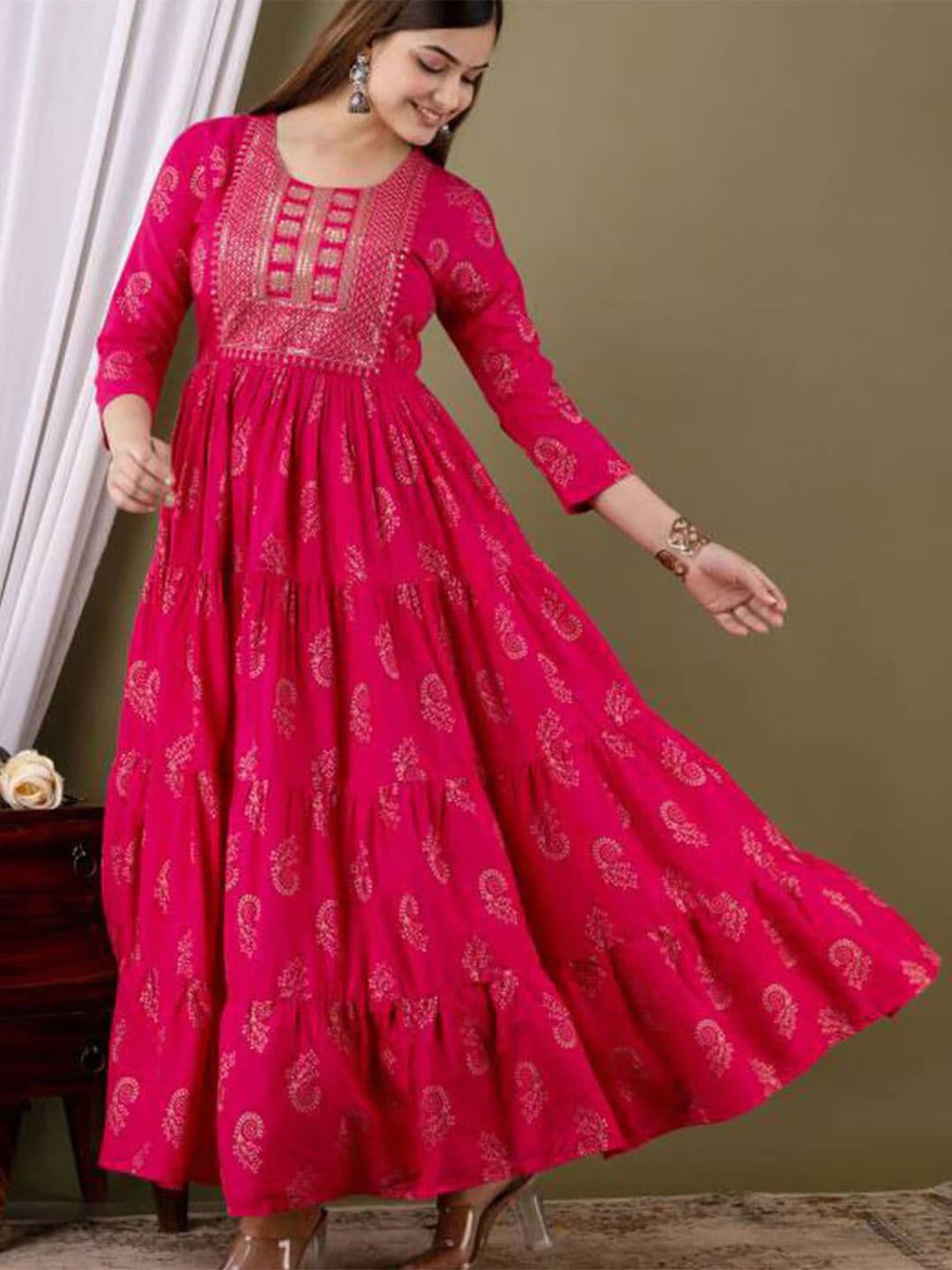 RAINDROP Women's Embroidered Ethnic Motifs Yoke Design Sequinned Ethnic Dress - view 1