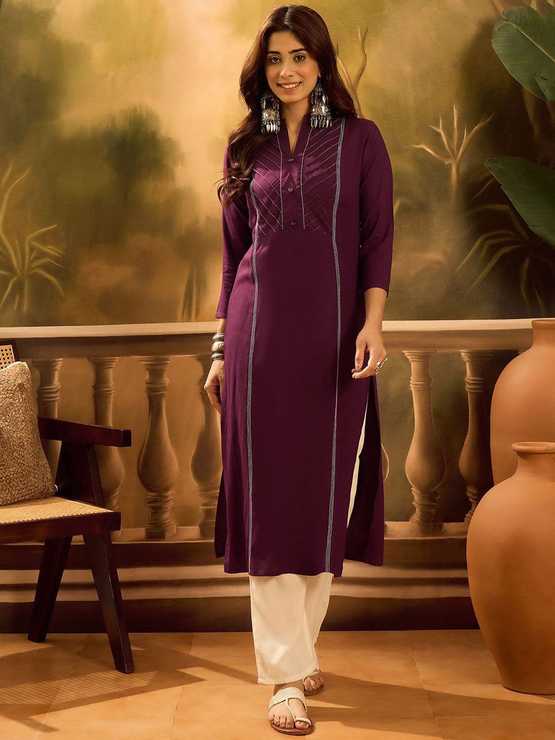 Sangria Pleated Mandarin Collar Straight Kurta - view 1