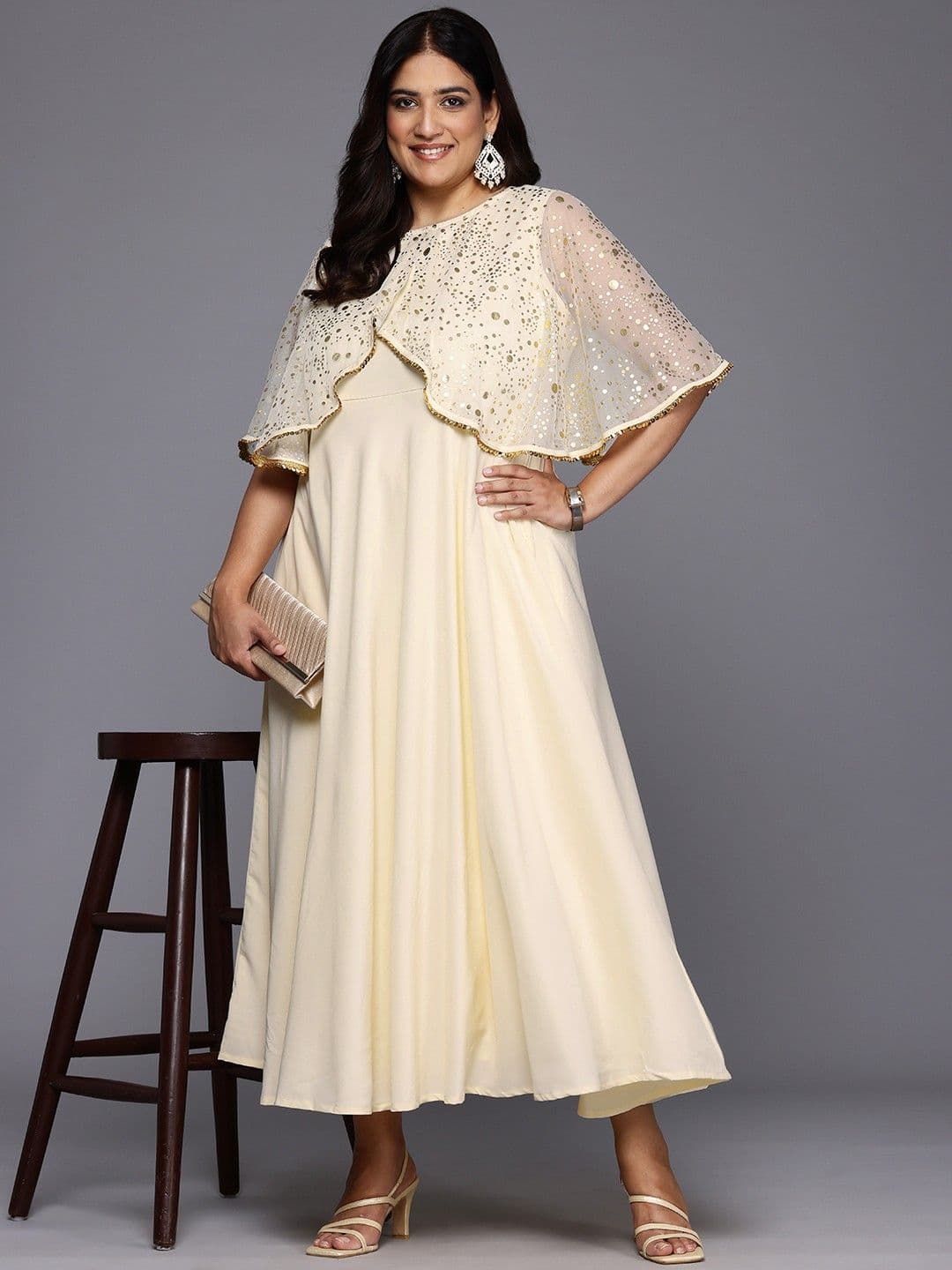 A PLUS BY AHALYAA Plus Size Polka Dots Printed Cape Sleeves Maxi Ethnic Gown - view 1