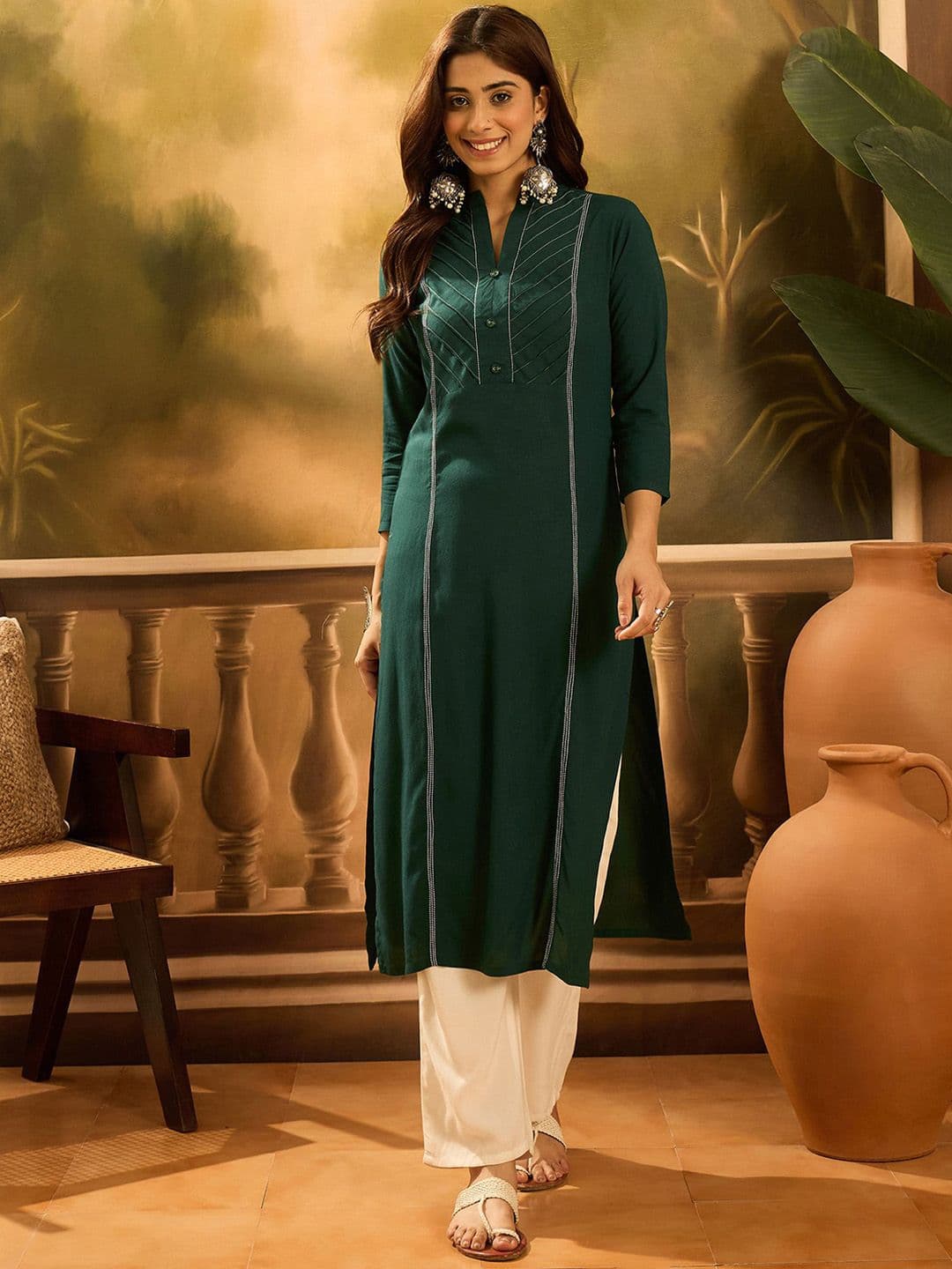 Sangria Pleated Mandarin Collar Straight Kurta - view 1