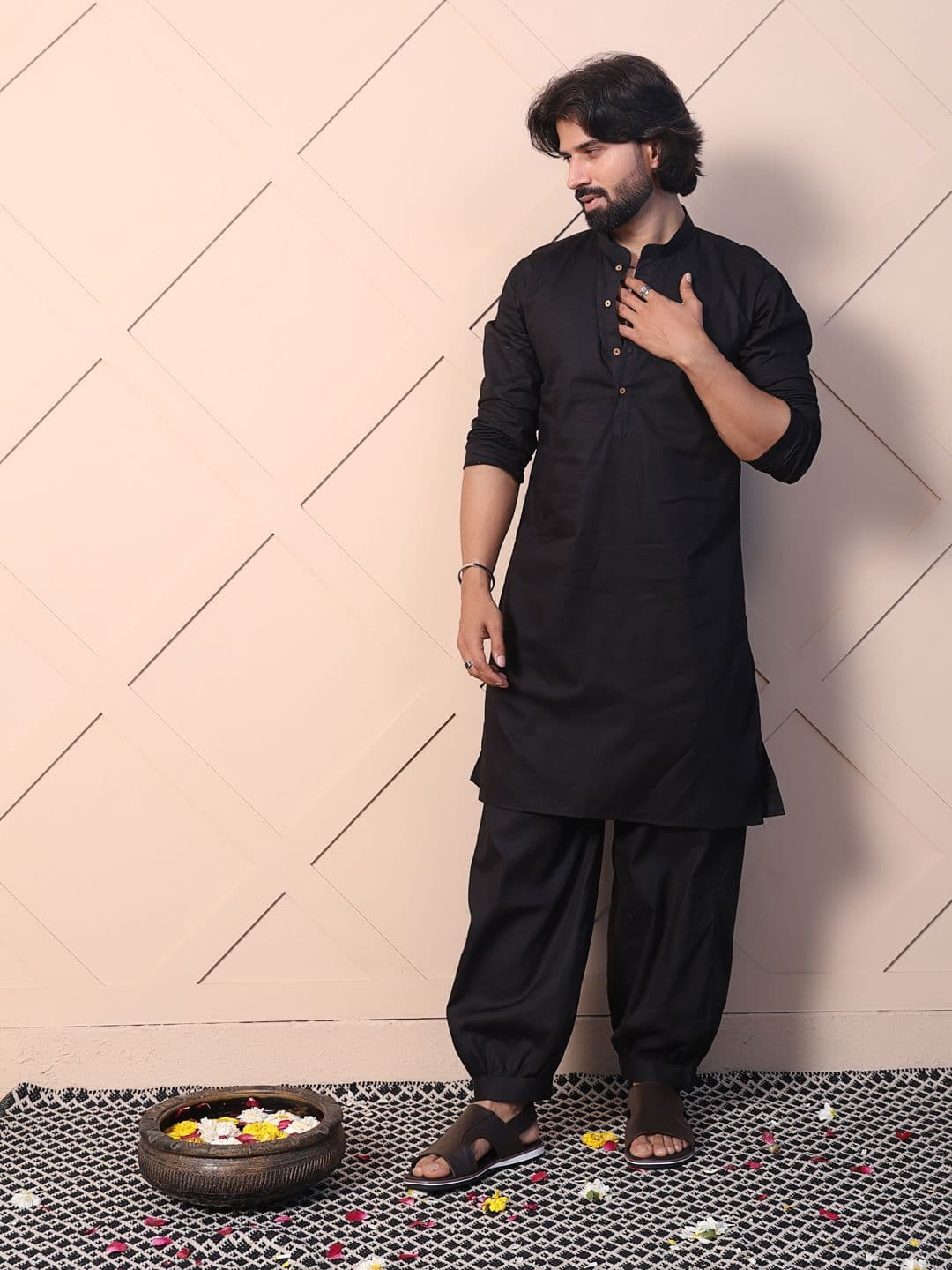 MIDAV Mandarin Collar Pure Cotton Pathani Kurta - view 1