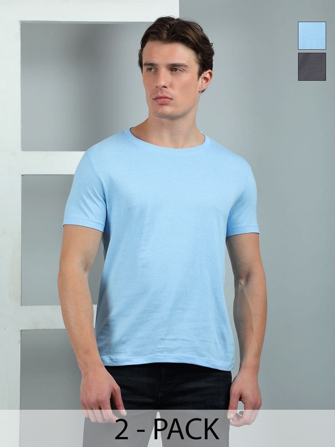 Dollar Men Pack of 2 Solid Round Neck Cotton Slim Fit T-shirts - view 1