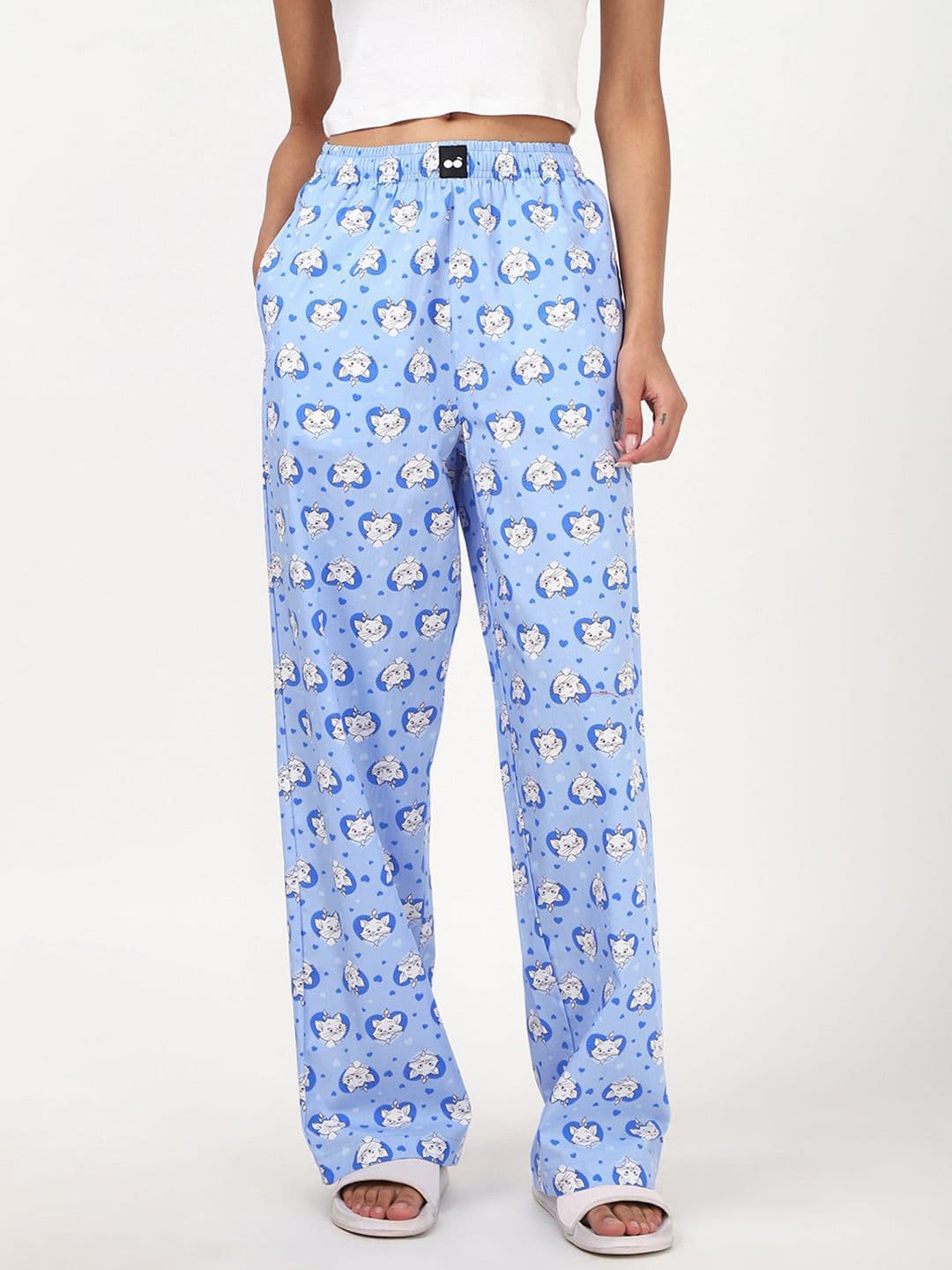 Bewakoof Official Disney Merchandise Marie Women Blue Printed Wide Leg Lounge Pants - view 1
