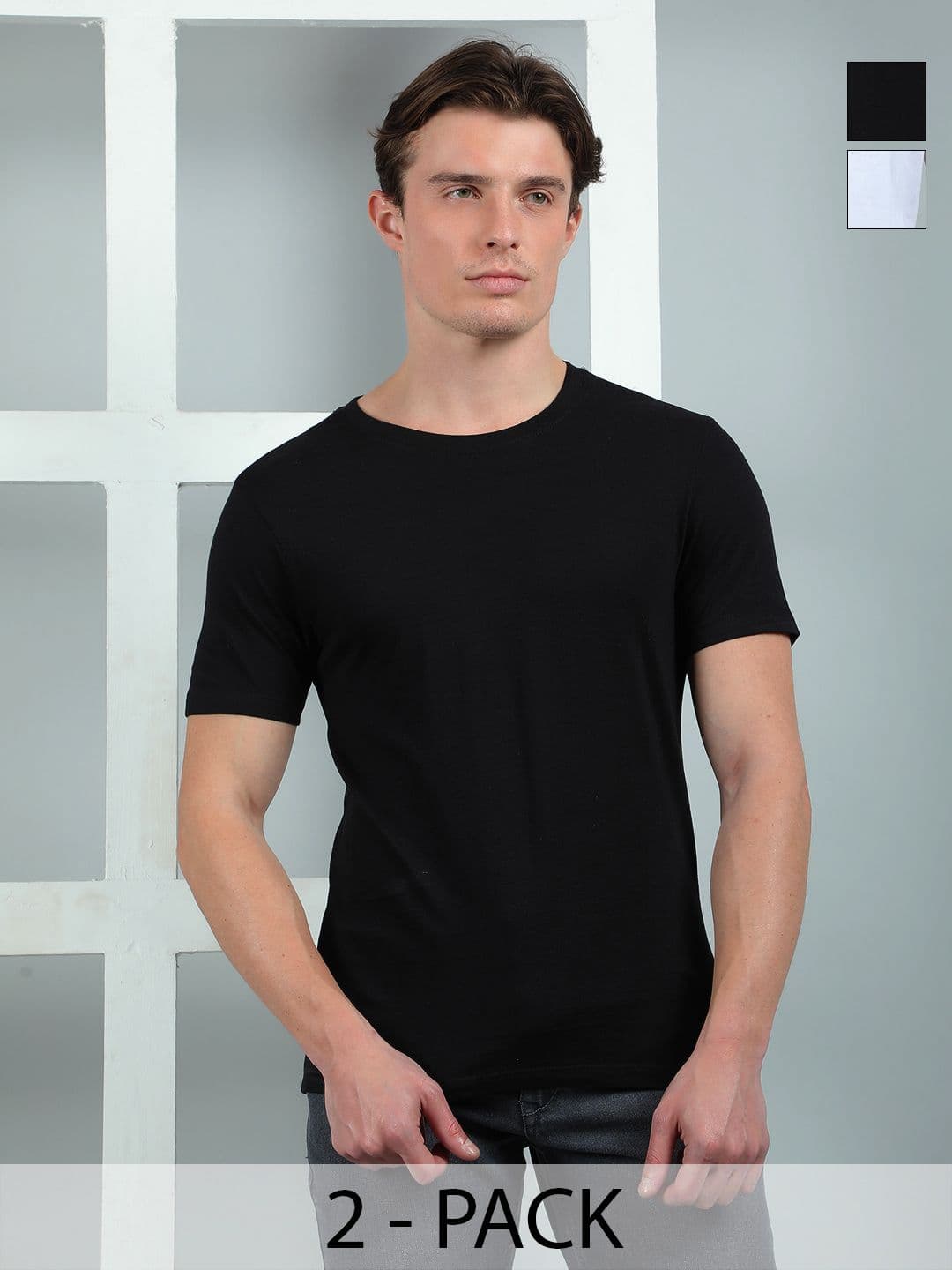 Dollar Men Pack of 2 Solid Round Neck Cotton Slim Fit T-shirts - view 1