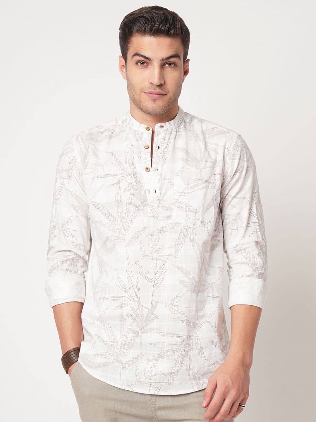 VASTRADO Dotted Leaf Printed Band Collar Cotton Straight Short Kurta - view 1