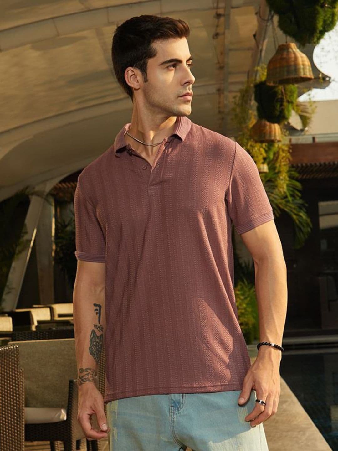 CAHOOT Men Self Design Polo Collar Cotton Slim Fit T-shirt - view 1