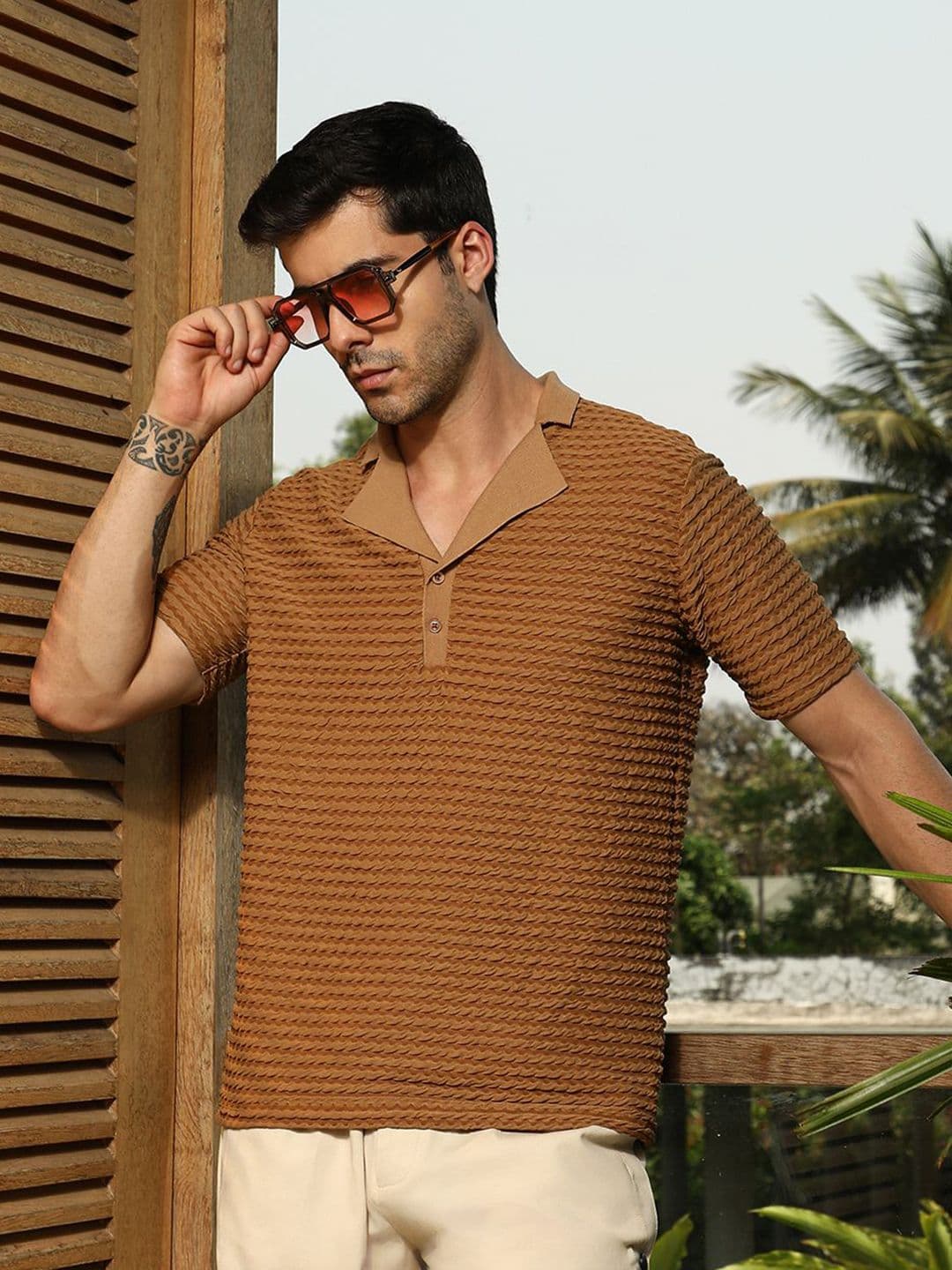 CAHOOT Men Textured Cotton Polo T-shirt - view 1