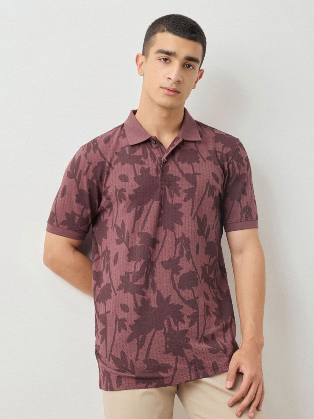 Red Flame Men Floral Printed Polo Collar Cotton T-shirt - view 1