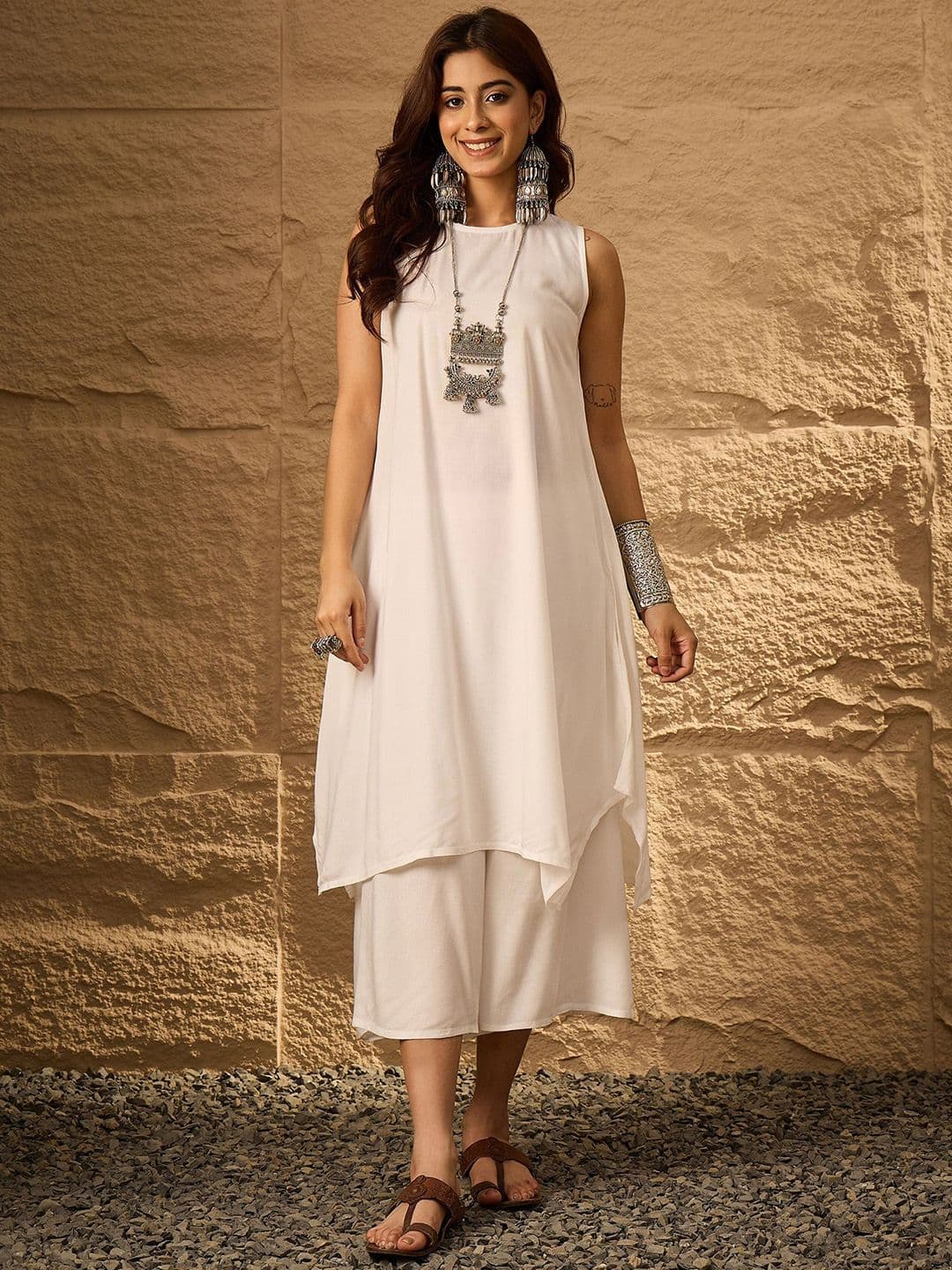 InWeave Round Neck A-Line Fusion Kurta with Palazzos - view 1
