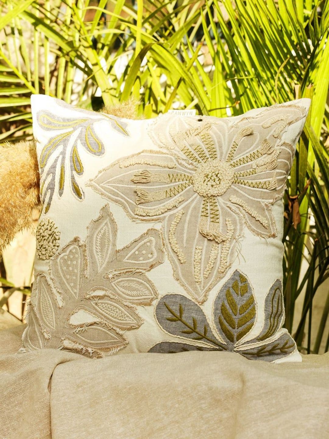 ANWYN Beige Floral Cotton Durable Embroidered Square Cushion Cover -18x18In - view 1