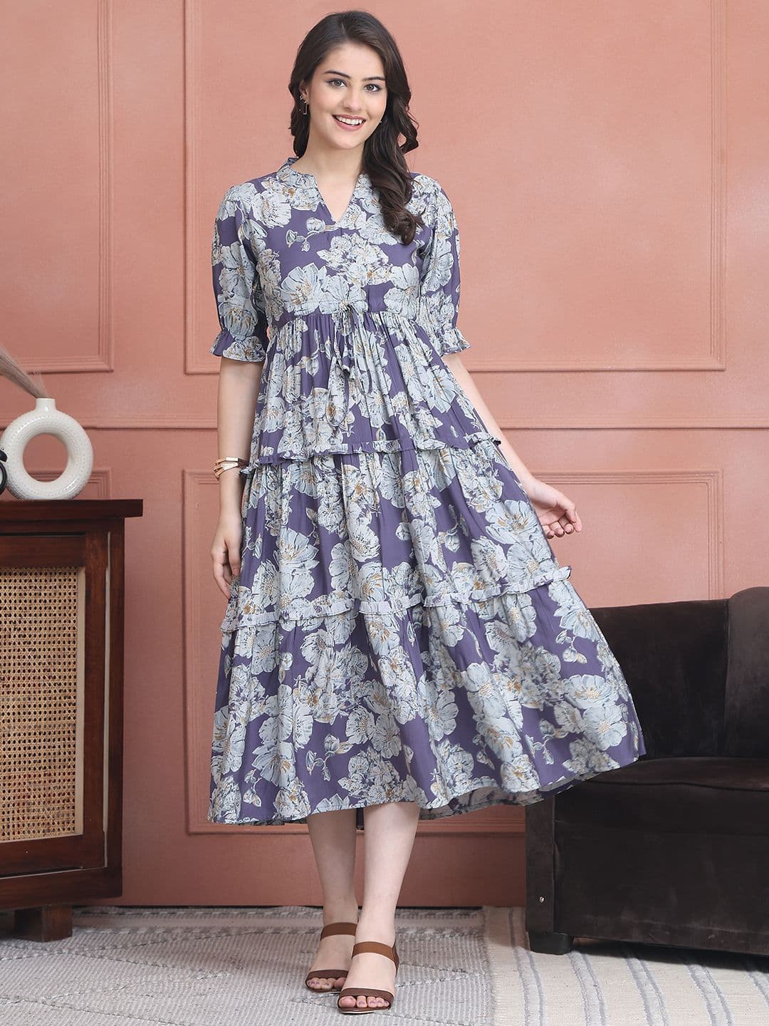 Claura Women Floral Printed Mandarin Collar Puff Sleeves Layered Fit and Flare Midi Dress - view 1