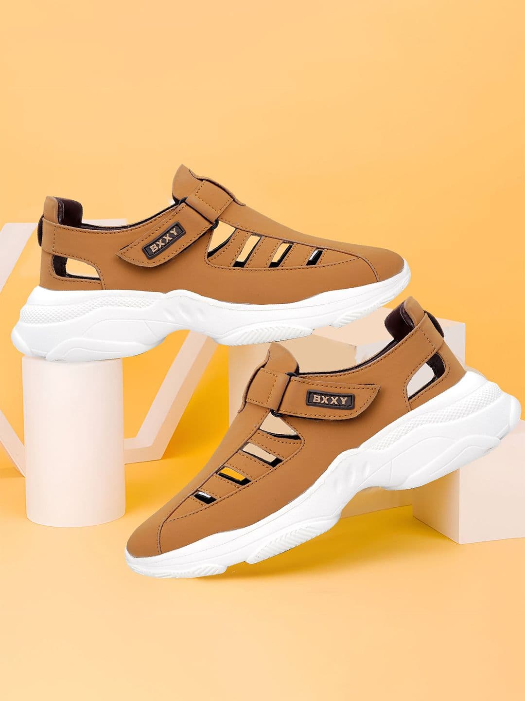Bxxy Men Tan Leather Velcro Fisherman Sandals - view 1