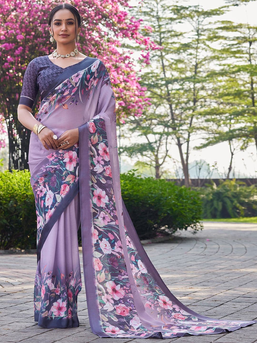 Satrani Floral Printed Pure Georgette Saree - view 1