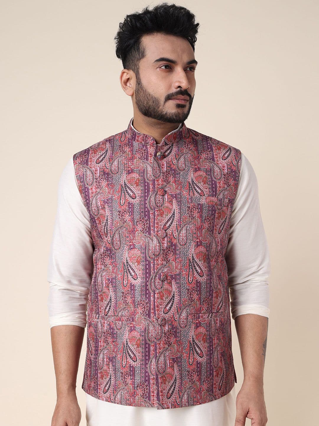W & G Printed Woven Nehru Jacket - view 1