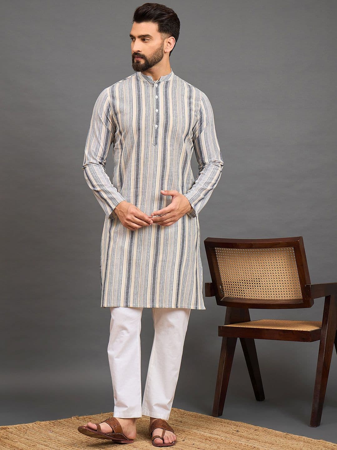 House of Pataudi Striped Mandarin Collar Straight Pure Cotton Kurta - view 1