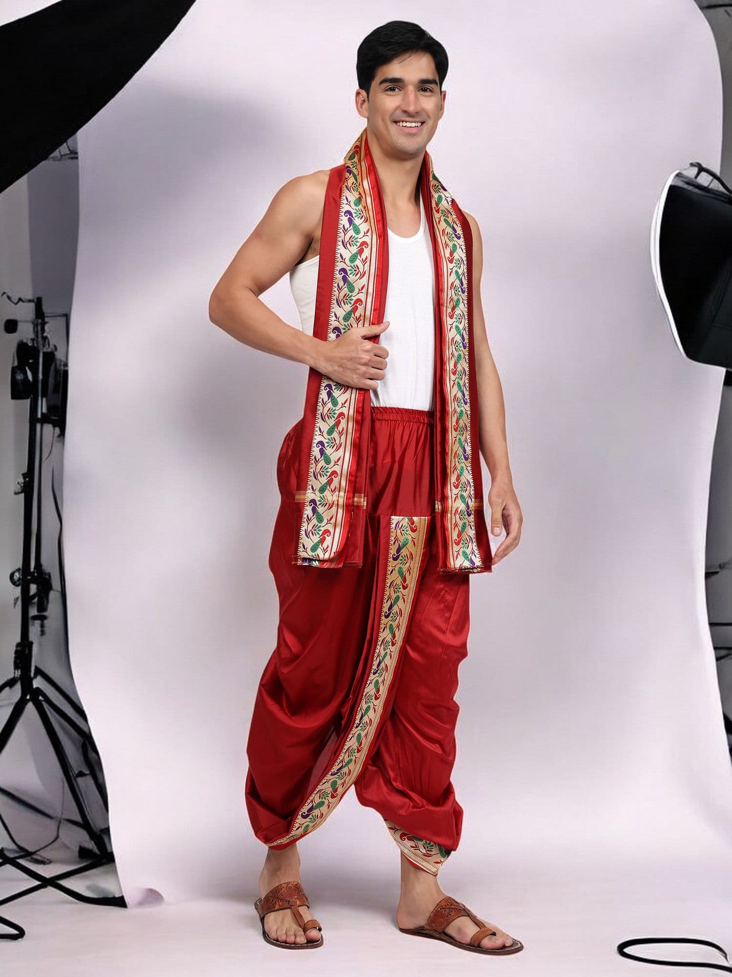 RAMESHWARAM FABRICS Men Printed Art Silk Dhoti Pants and Angavastram Set - view 1