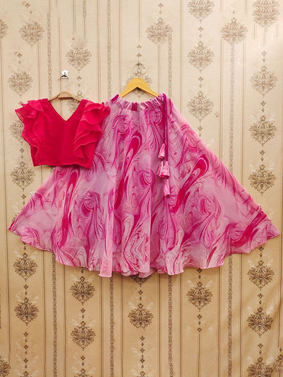 JOVK DESIGN Girls Tie And Dye Printed V Neck Georgette Blouse & Lehenga - view 1