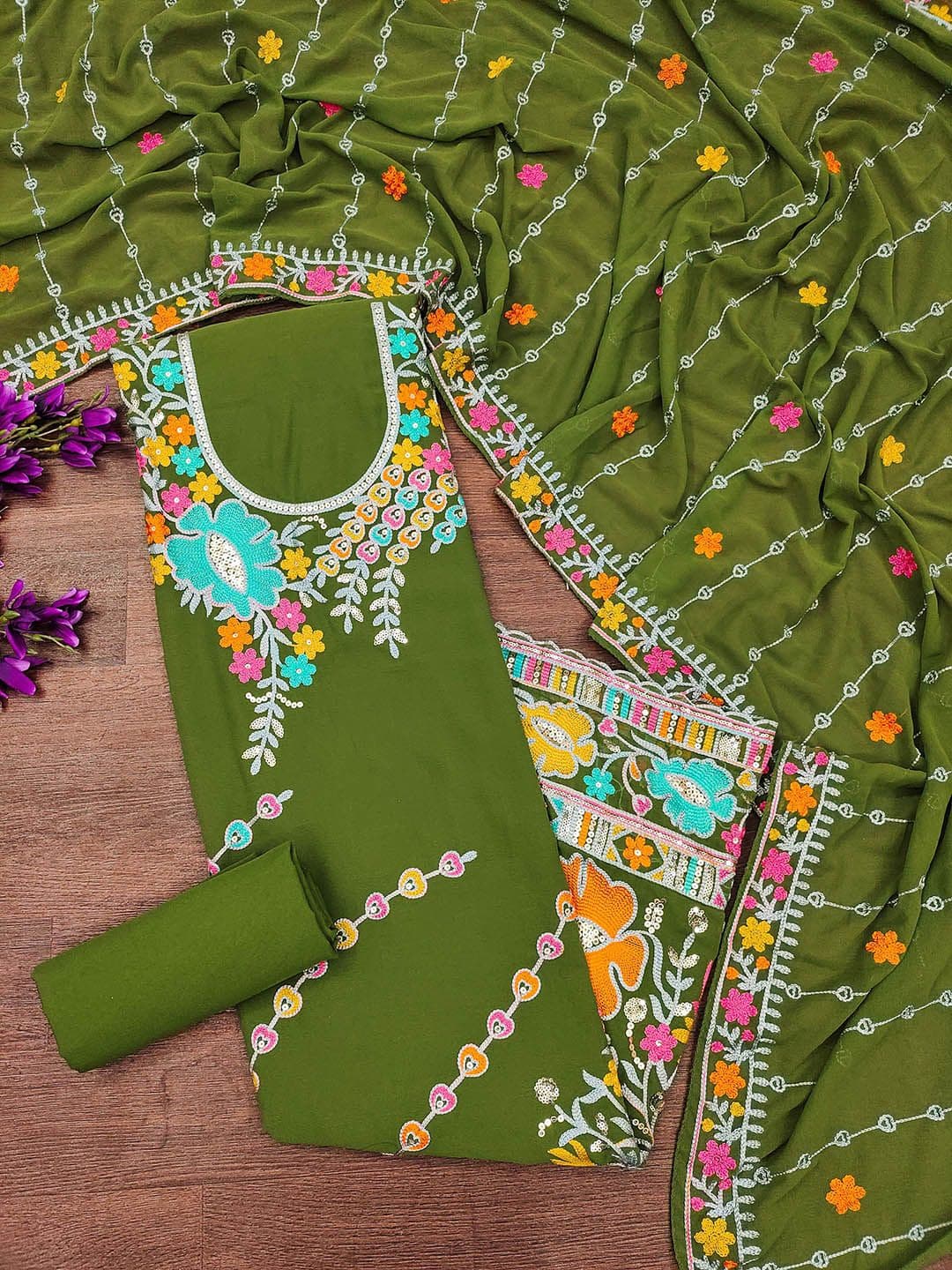 HERE&NOW Floral Embroidered Sequinned Georgette Unstitched Dress Material - view 1