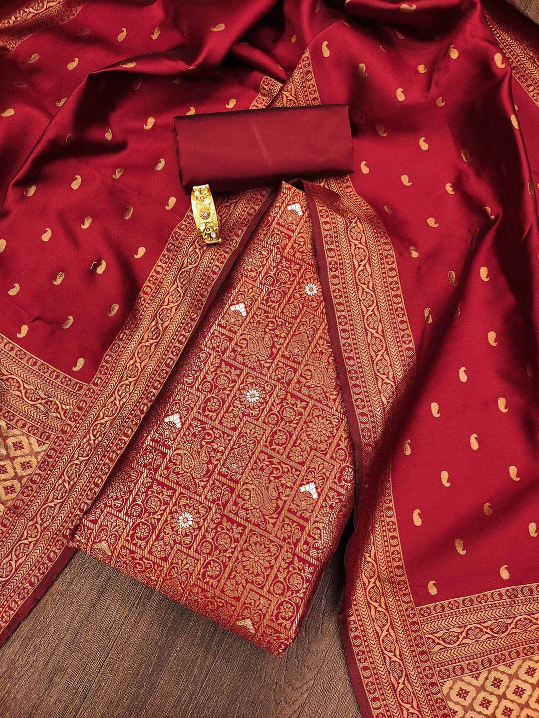 HERE&NOW Floral Woven Design Zari Work Jacquard Silk Unstitched Dress Material - view 1