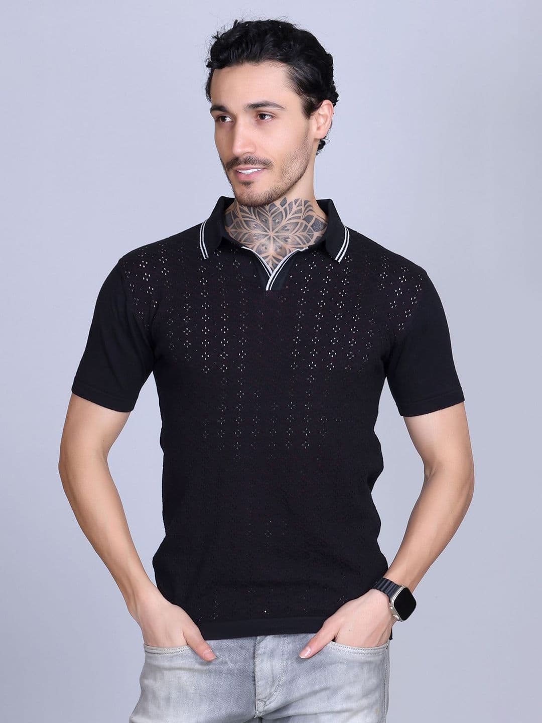 Dzant Men Flyknit Self Design Polo Collar Cotton T-shirt - view 1