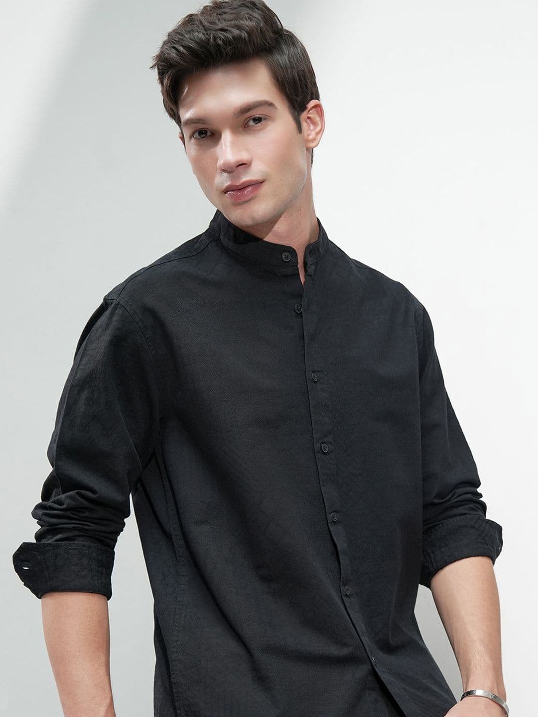 HIGHLANDER Men Comfort Relaxed Fit Textured Mandarin Collar Cotton Casual Shirt - view 1