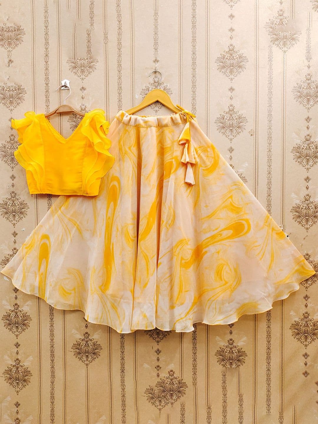 JOVK DESIGN Girls Tie And Dye Printed V Neck Georgette Blouse & Lehenga - view 1