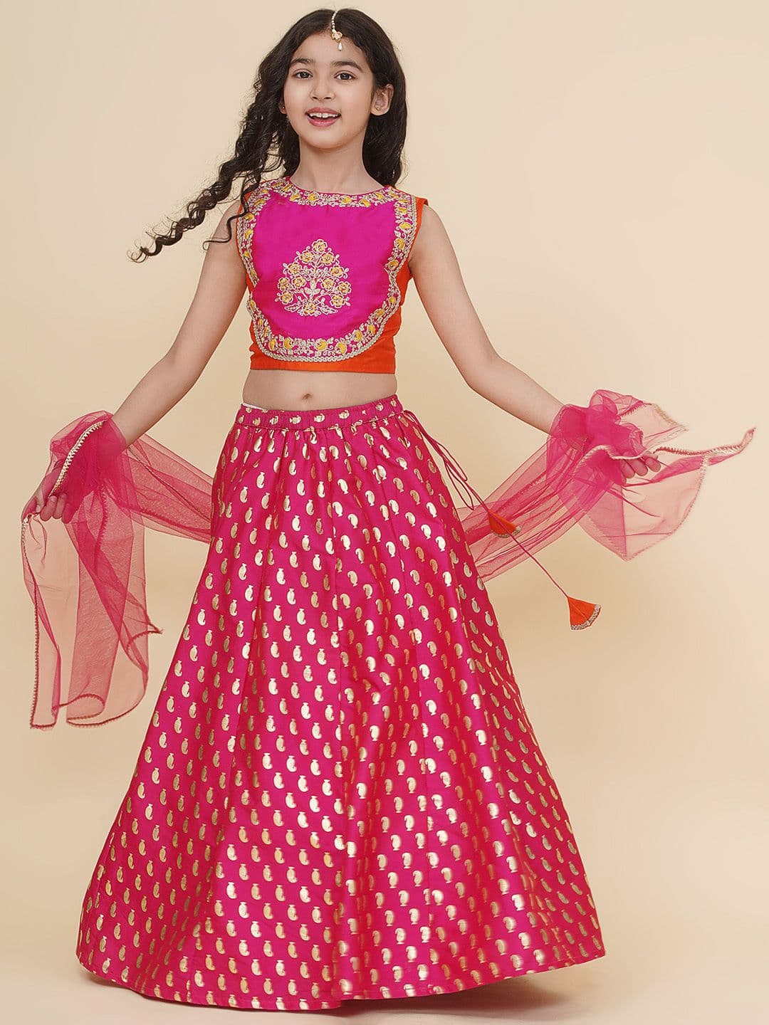 Bitiya by Bhama Girls Embroidered Foil Print Ready to Wear Lehenga & Blouse With Dupatta - view 1