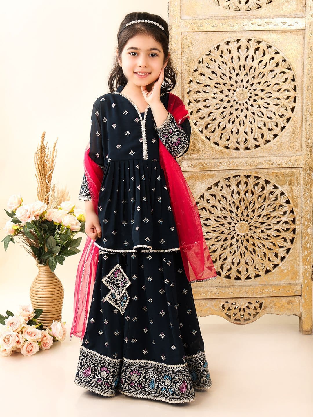 Superminis Girls Floral Printed Mandarin Collar Gotta Patti Blouse & Lehenga & Dupatta - view 1