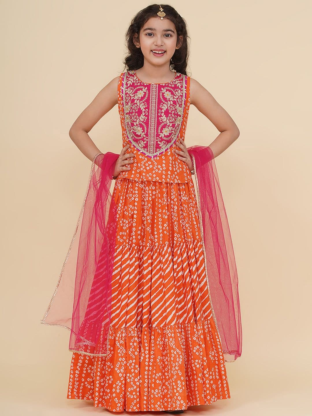 Bitiya by Bhama Girls Embroidered Patchwork Ready to Wear Lehenga & Blouse With Dupatta - view 1