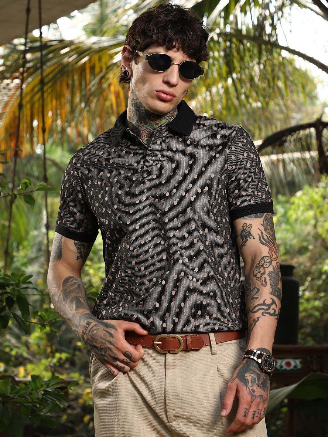 CAHOOT Abstract Self Design Polo Collar Pockets Cotton T-shirt - view 1