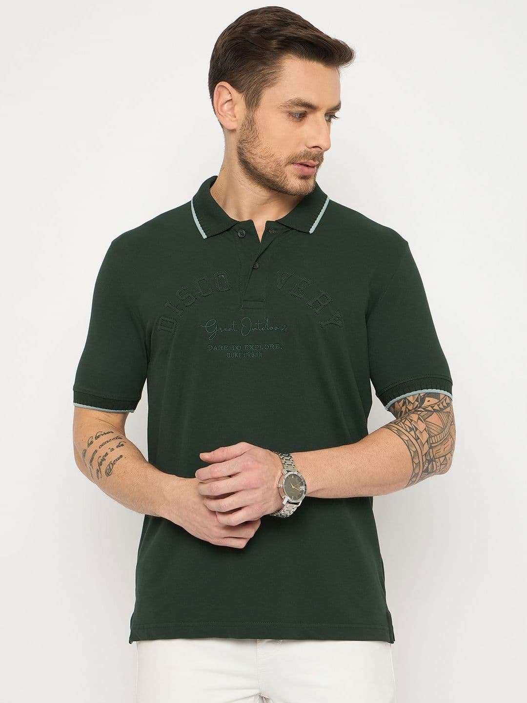 Duke Typography Embroidered Polo Collar Cotton Slim Fit T-shirt - view 1