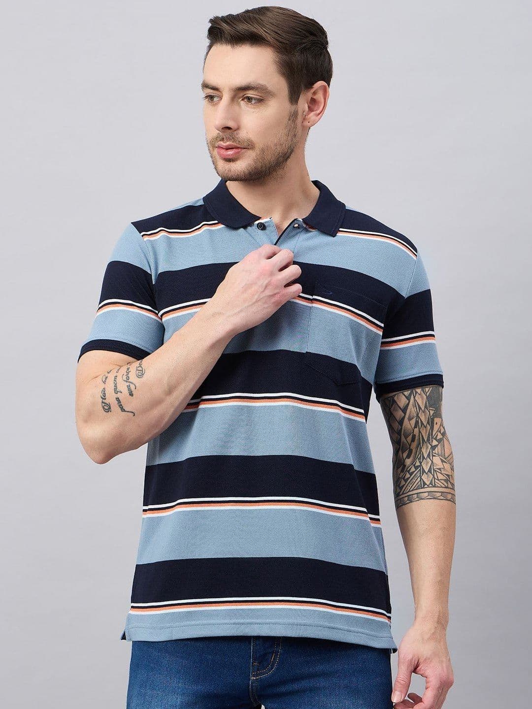 Duke Men Striped Polo Collar Pockets T-shirt - view 1