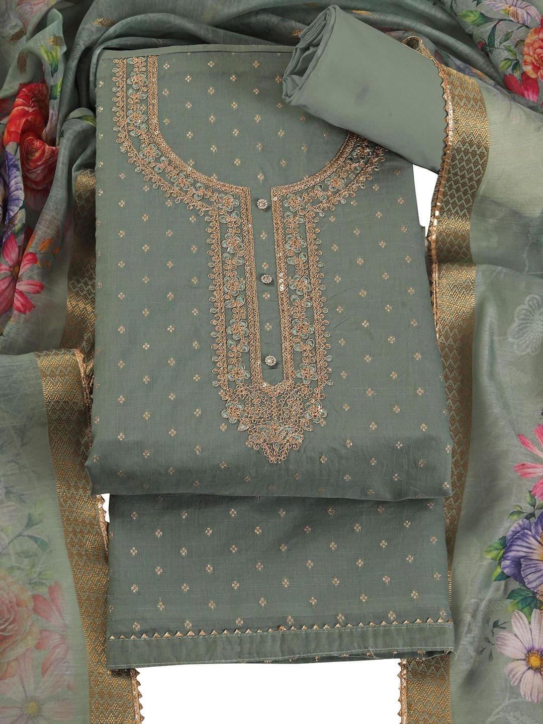 TAVAS Floral Embroidered Zari Work Chanderi Silk Unstitched Dress Material - view 1