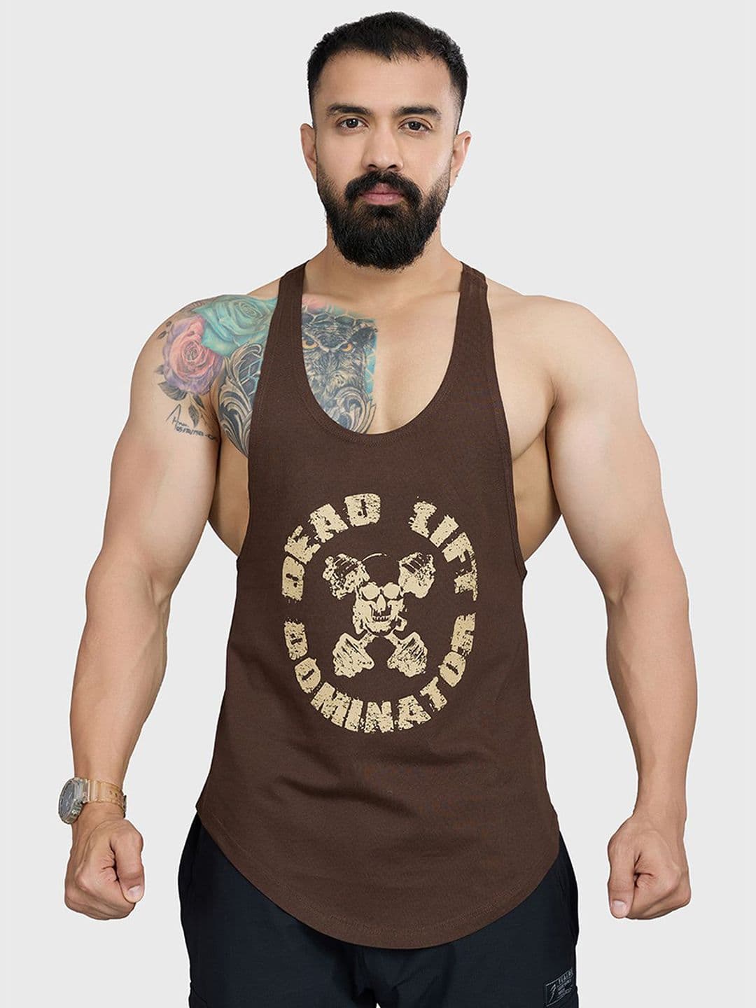 FUAARK Men Pure Cotton Gym & Workout Stringer Vest Deadlift Stringer Coffee-S - view 1
