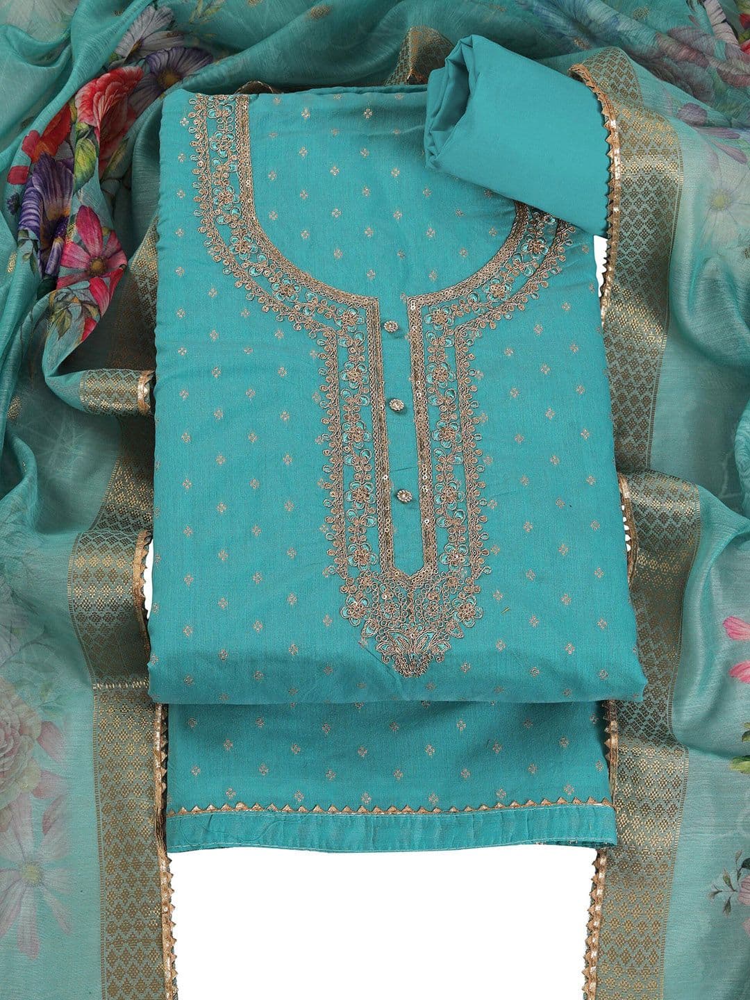 TAVAS Floral Embroidered Sequinned Chanderi Silk Unstitched Dress Material - view 1