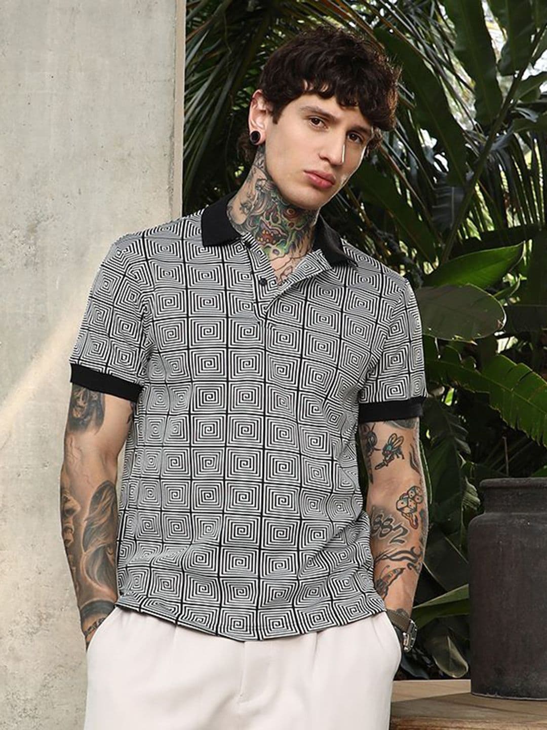 CAHOOT Printed Polo Collar Applique Cotton T-shirt - view 1