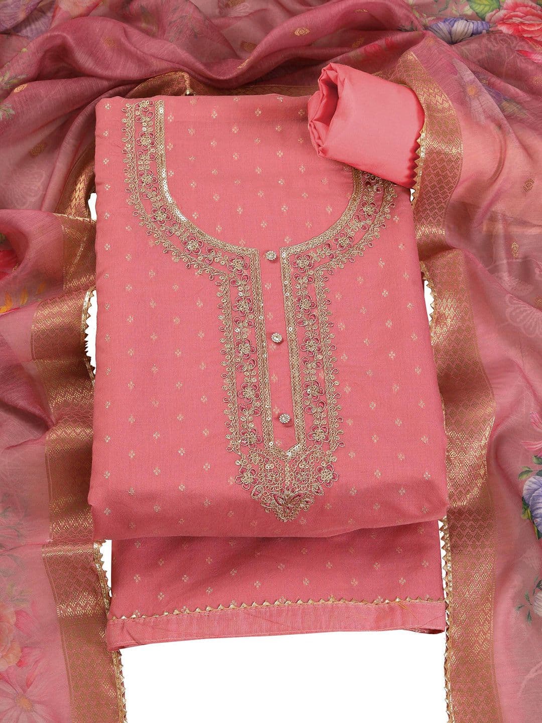 TAVAS Floral Embroidered Zari Work Chanderi Silk Unstitched Dress Material - view 1