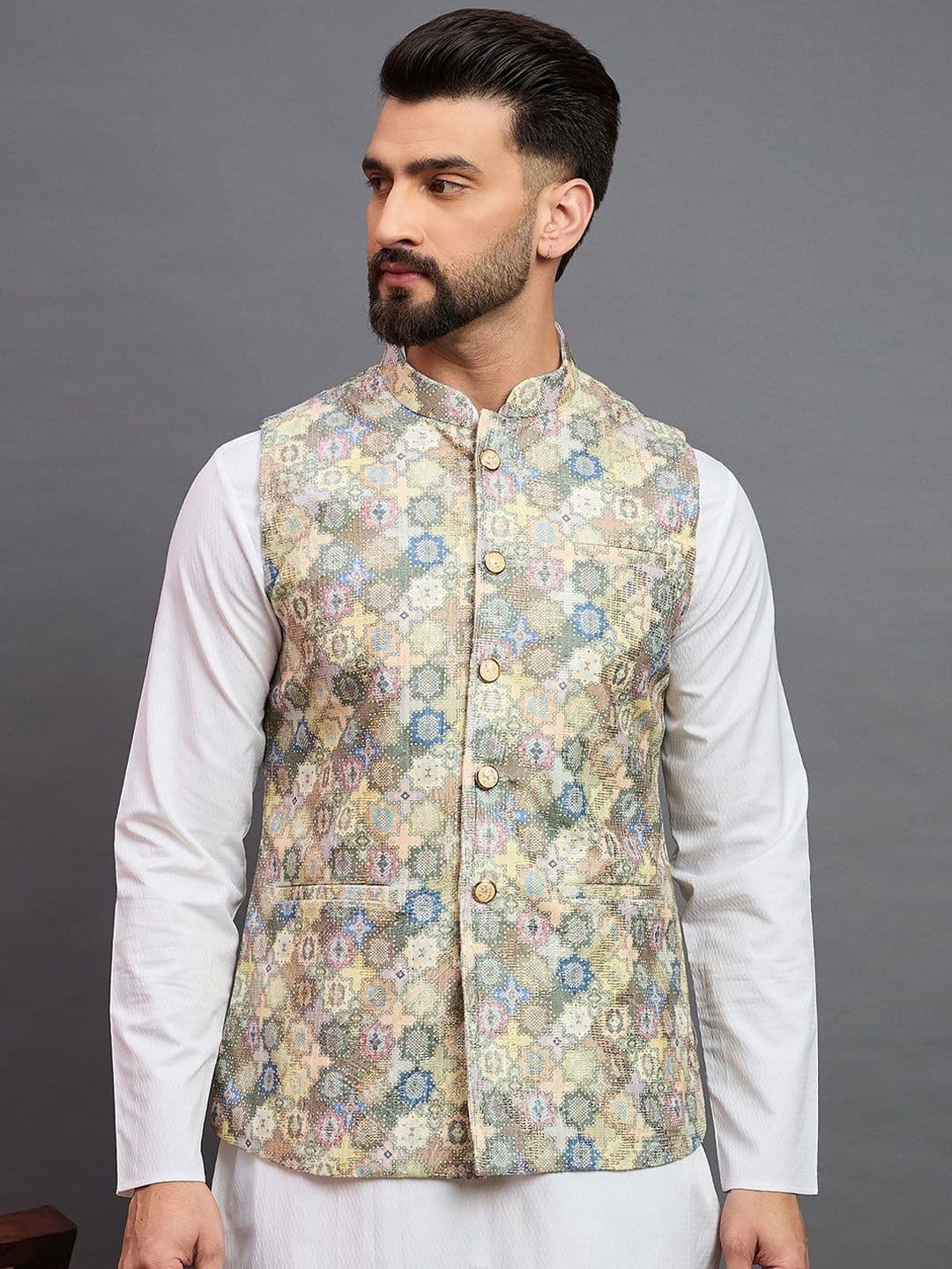 House of Pataudi Men Woven Design Mandarin Collar Nehru Jacket - view 1