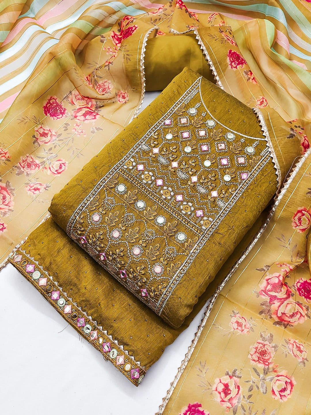 TAVAS Floral Embroidered Mirror Work Unstitched Dress Material - view 1