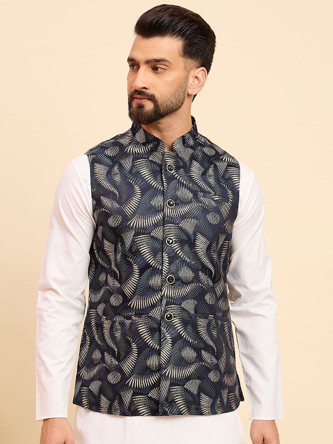 House of Pataudi Men Woven Design Mandarin Collar Nehru Jacket - view 1