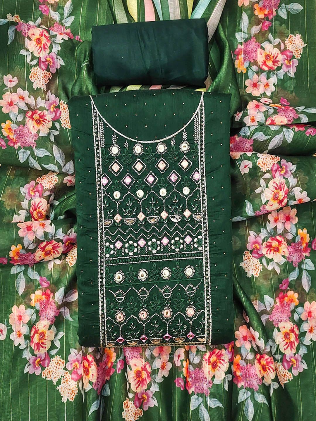 TAVAS Floral Embroidered Mirror Work Unstitched Dress Material - view 1