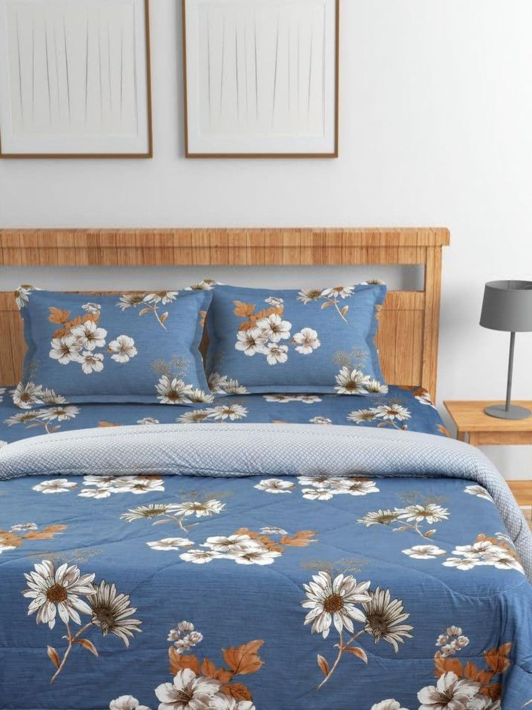 Florida Blue & Grey Floral Printed Cotton 4 Piece Double King Bedding Set - view 1