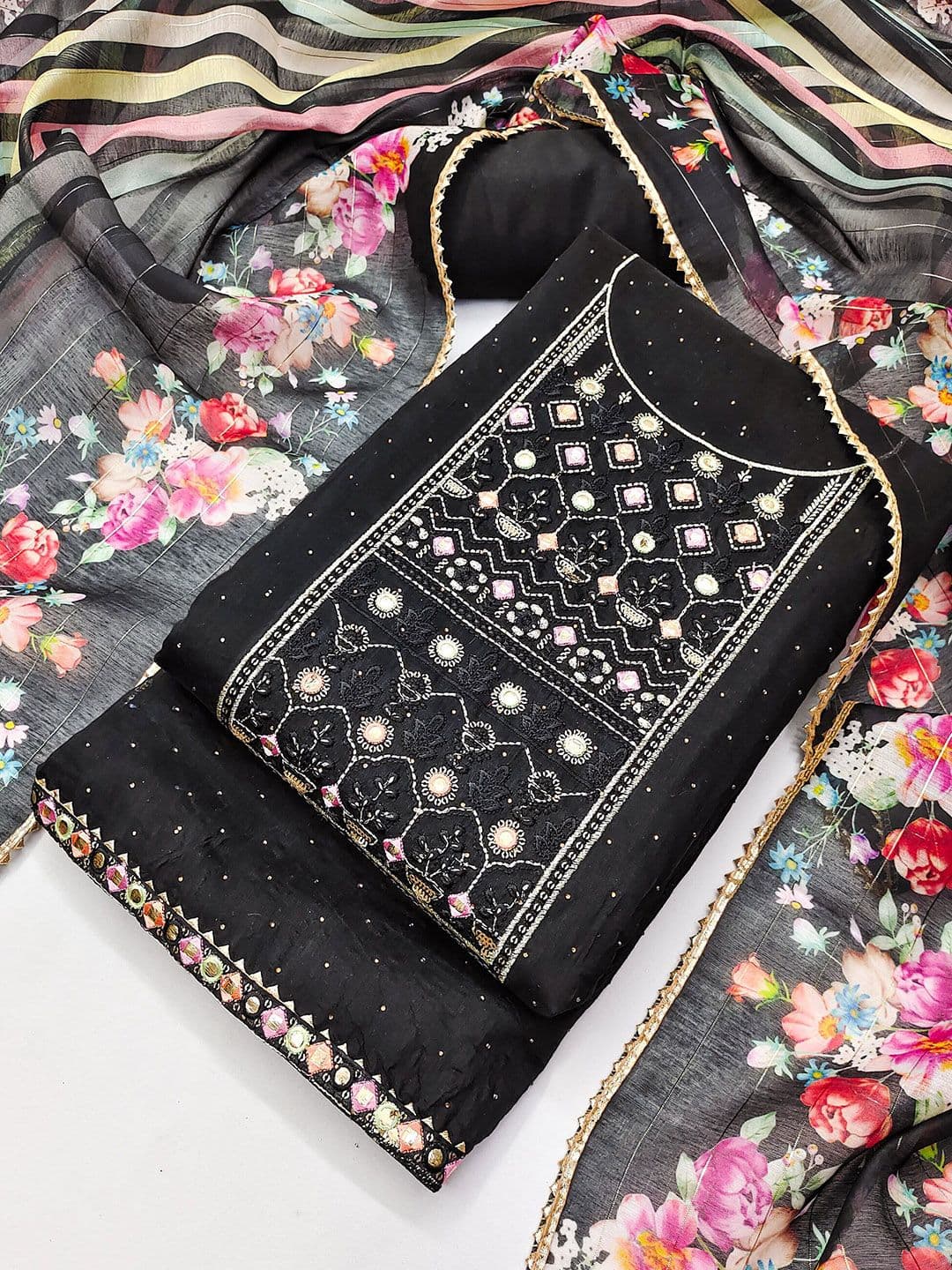 TAVAS Floral Embroidered Mirror Work Unstitched Dress Material - view 1