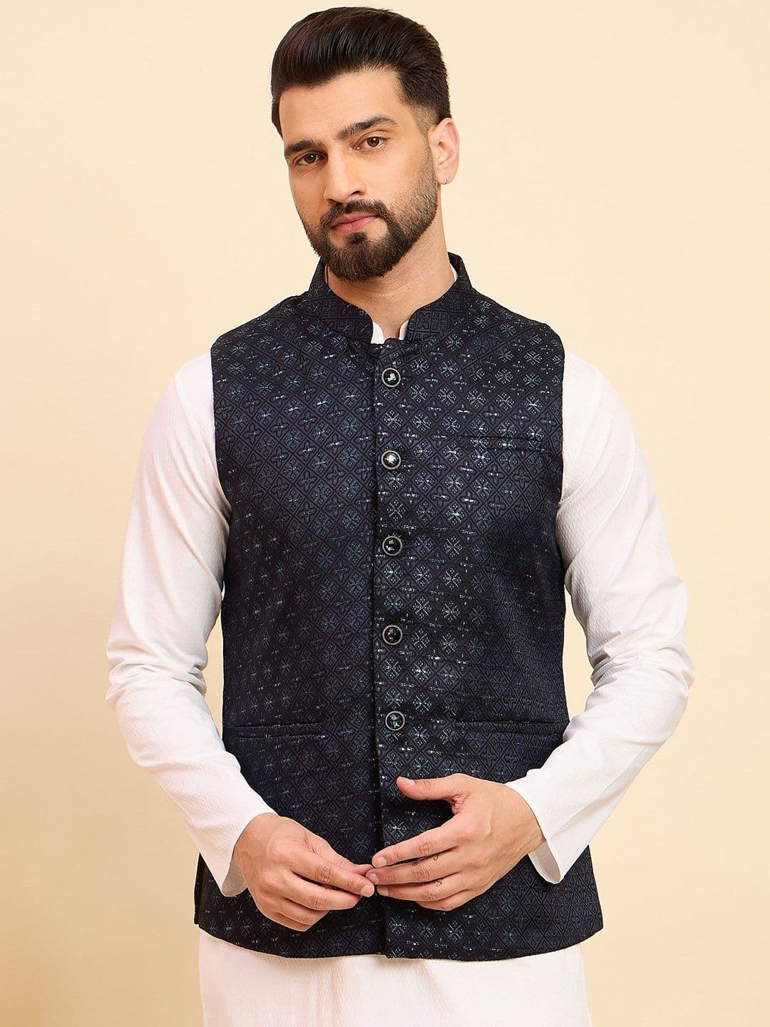 House of Pataudi Women Woven Design Mandarin Collar Nehru Jacket - view 1