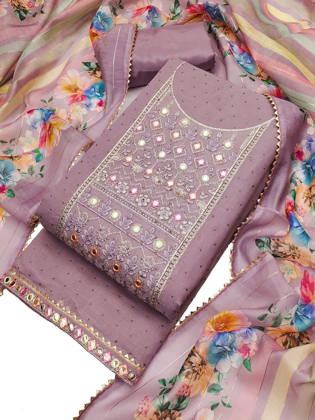 TAVAS Floral Embroidered Mirror Work Unstitched Dress Material - view 1