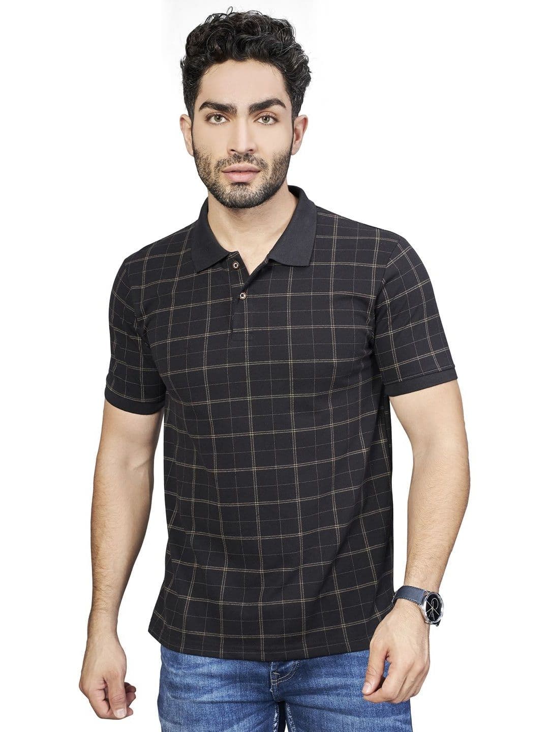 BE POSITIVE Men Black Checked Polo Collar T-shirt - view 1