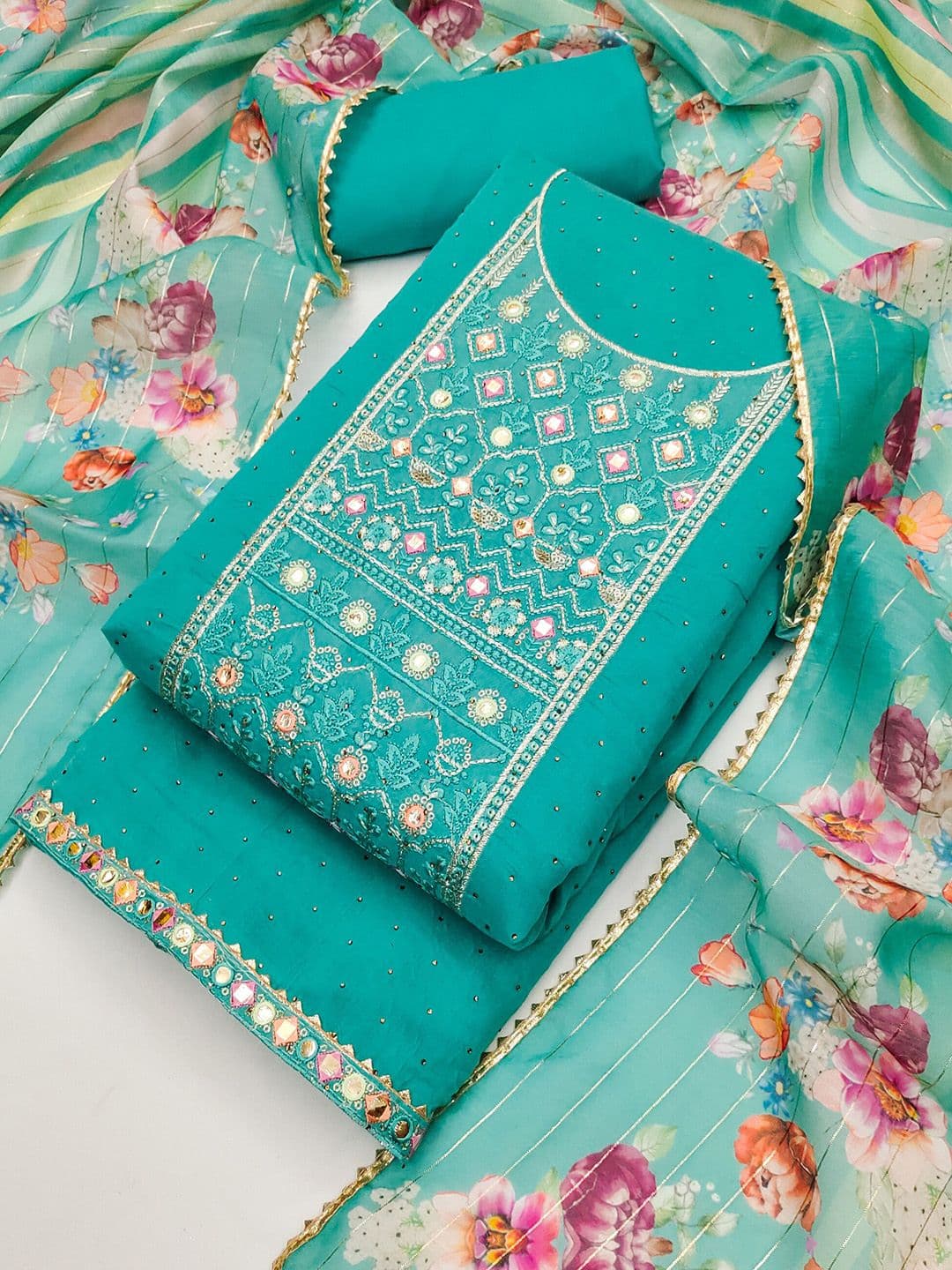 TAVAS Floral Embroidered Mirror Work Unstitched Dress Material - view 1
