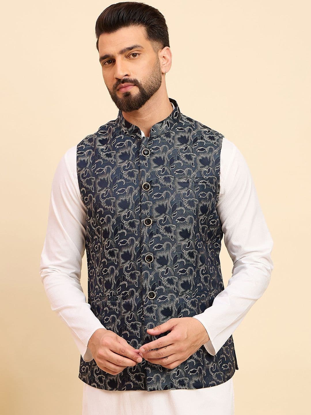 House of Pataudi Men Woven Design Mandarin Collar Nehru Jacket - view 1