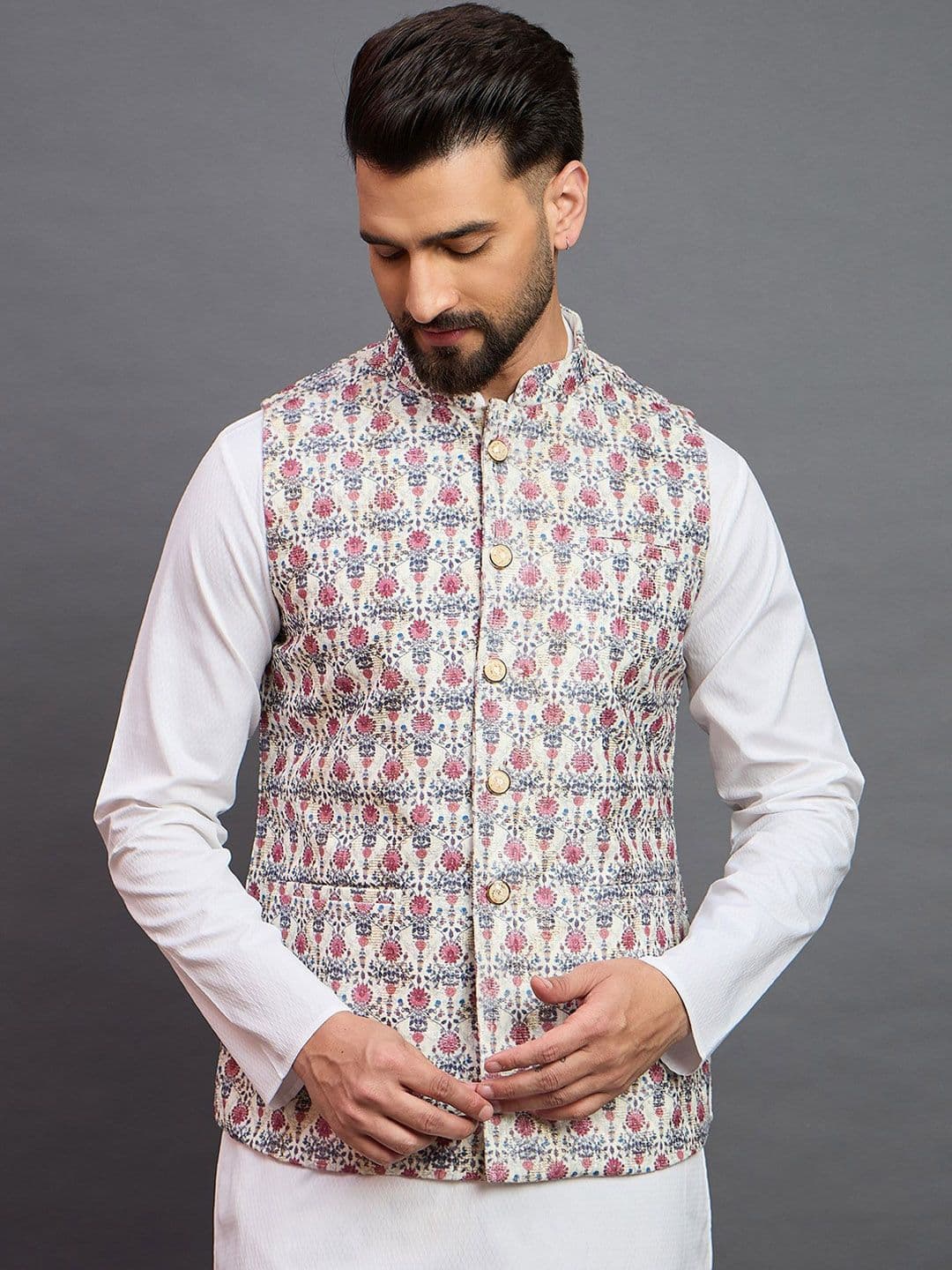 House of Pataudi Woven Design Mandarin Collar Nehru Jacket - view 1