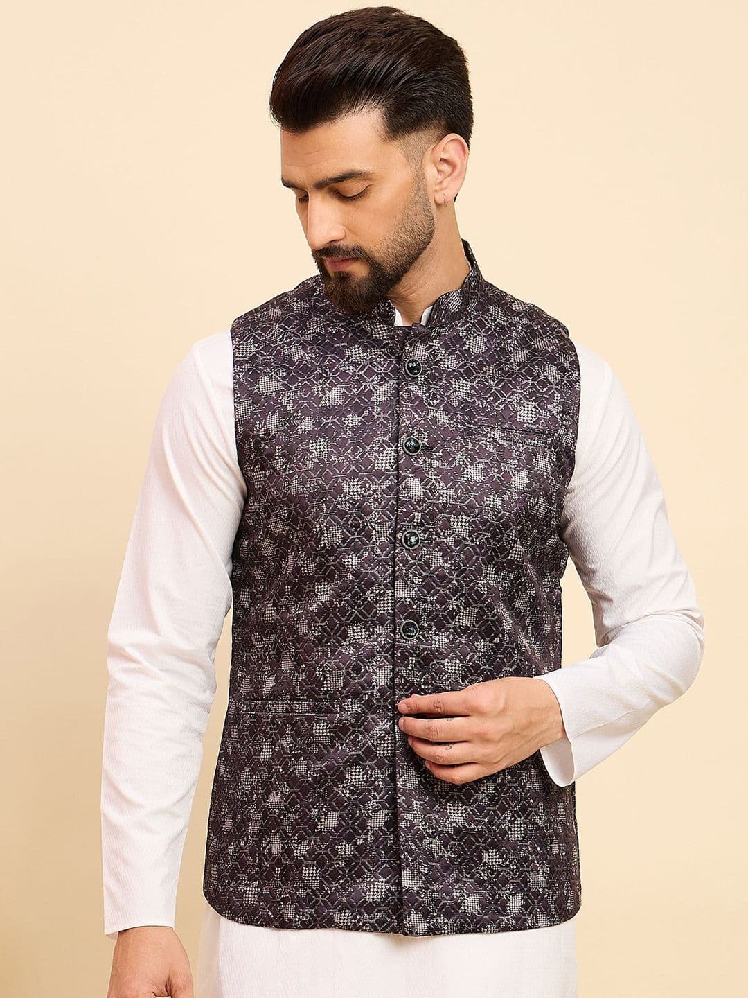 House of Pataudi Woven Design Mandarin Collar Nehru Jacket - view 1